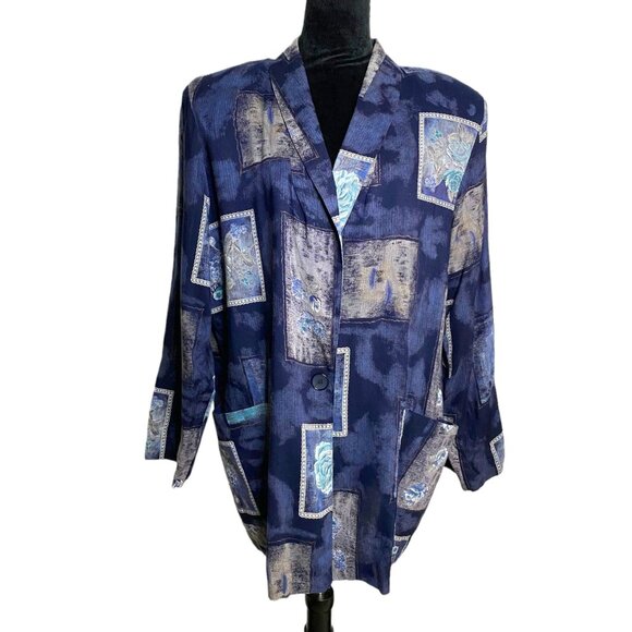 Kensington Square Jackets & Blazers - Kensington Square Vtg. Womens Portrait Print Dark Blue Jacket Size XL 90"s Boho